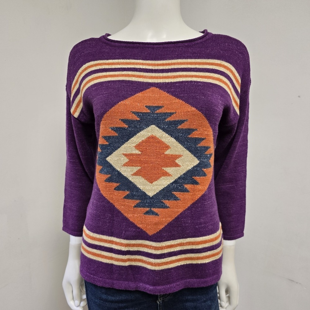 Chaps Sweater Size M Top Purple Aztec Southwestern Knit 3/4 Sleeve Western